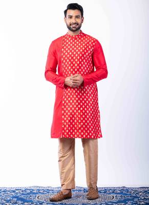 red dupion kurta pyjama set for men with printed design 2