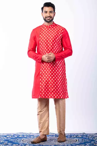 red dupion kurta pyjama set for men with printed design