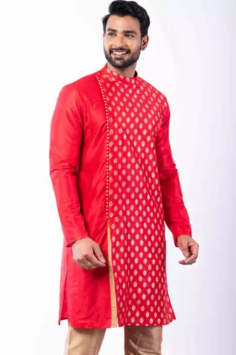 red dupion kurta pyjama set for men with printed design