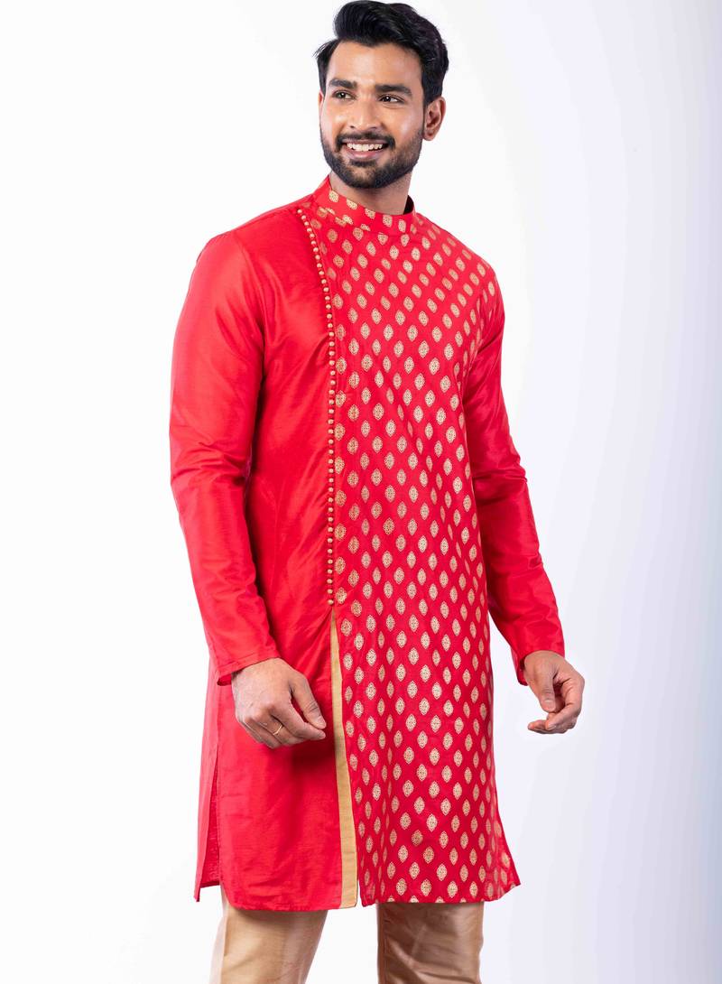 red dupion kurta pyjama set for men with printed design