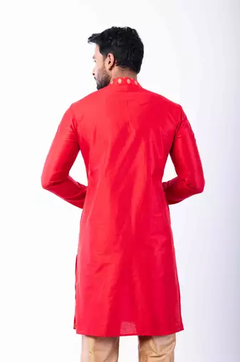 red dupion kurta pyjama set for men with printed design
