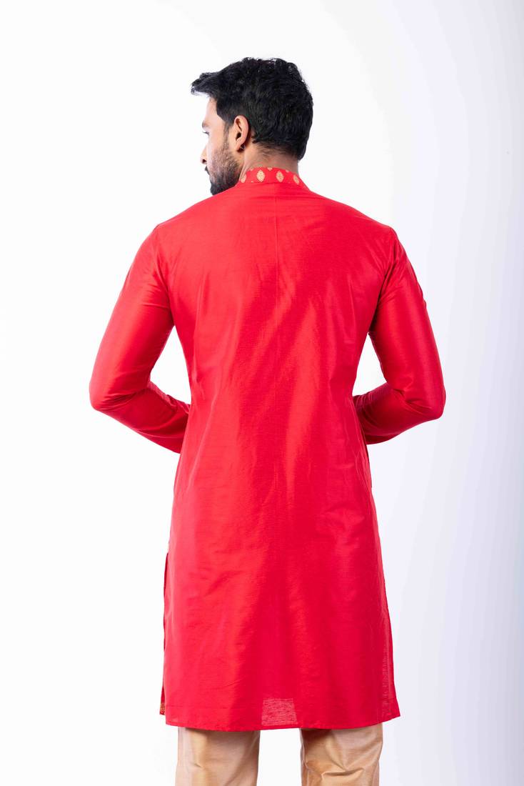 red dupion kurta pyjama set for men with printed design