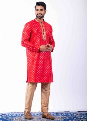 red dupion kurta pyjama set for men with printed design 1