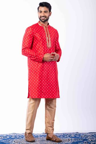 red dupion kurta pyjama set for men with printed design