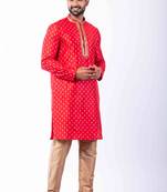 red dupion kurta pyjama set for men with printed design
