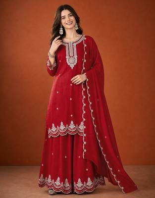 Women's Beautiful Embroidery Work Vichitra Silk Fabric Straight Kurta Sharara and Dupatta Set 1