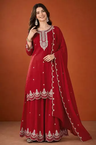 Women's Beautiful Embroidery Work Vichitra Silk Fabric Straight Kurta Sharara and Dupatta Set