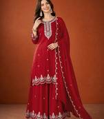 Women's Beautiful Embroidery Work Vichitra Silk Fabric Straight Kurta Sharara and Dupatta Set