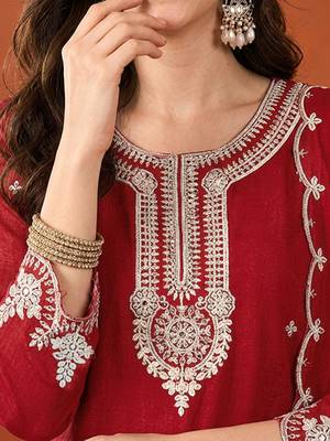 Women's Beautiful Embroidery Work Vichitra Silk Fabric Straight Kurta Sharara and Dupatta Set 2