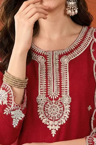 Women's Beautiful Embroidery Work Vichitra Silk Fabric Straight Kurta Sharara and Dupatta Set