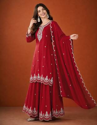 Women's Beautiful Embroidery Work Vichitra Silk Fabric Straight Kurta Sharara and Dupatta Set 3