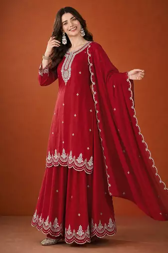 Women's Beautiful Embroidery Work Vichitra Silk Fabric Straight Kurta Sharara and Dupatta Set