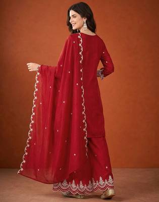 Women's Beautiful Embroidery Work Vichitra Silk Fabric Straight Kurta Sharara and Dupatta Set 4