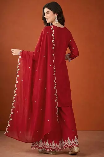 Women's Beautiful Embroidery Work Vichitra Silk Fabric Straight Kurta Sharara and Dupatta Set