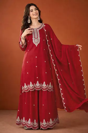Women's Beautiful Embroidery Work Vichitra Silk Fabric Straight Kurta Sharara and Dupatta Set