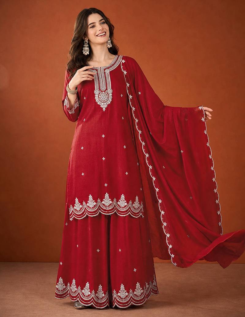 Women's Beautiful Embroidery Work Vichitra Silk Fabric Straight Kurta Sharara and Dupatta Set