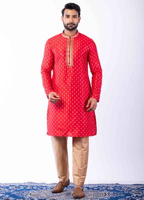 red dupion kurta pyjama set for men with printed design 2