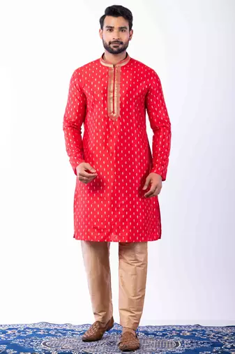 red dupion kurta pyjama set for men with printed design
