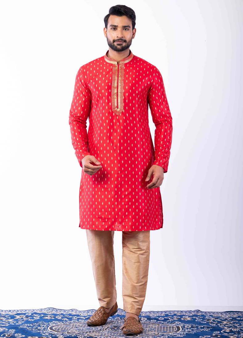 red dupion kurta pyjama set for men with printed design