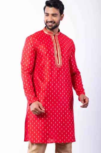 red dupion kurta pyjama set for men with printed design
