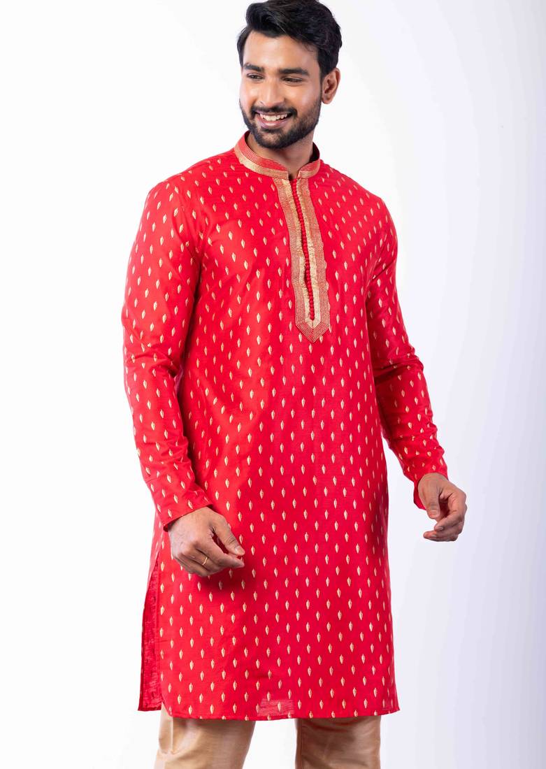 red dupion kurta pyjama set for men with printed design