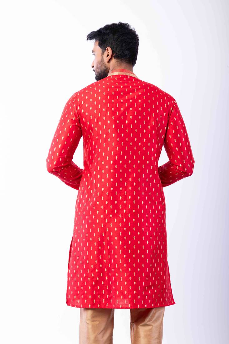 red dupion kurta pyjama set for men with printed design