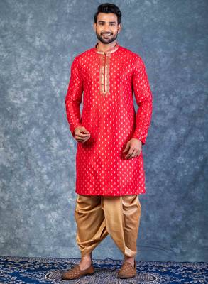 red dupion kurta dhoti  set for men with embroidered work 1