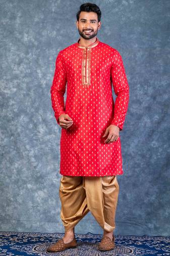 red dupion kurta dhoti  set for men with embroidered work