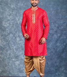 red dupion kurta dhoti  set for men with embroidered work
