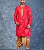 red dupion kurta dhoti  set for men with embroidered work