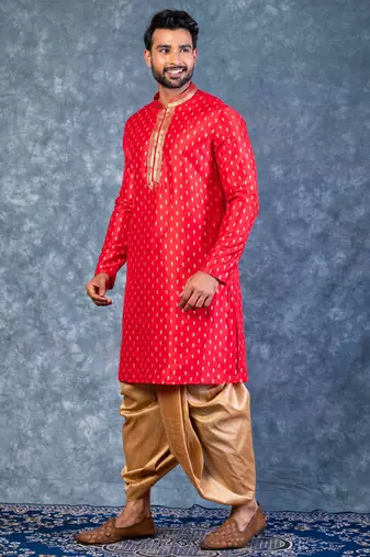 red dupion kurta dhoti  set for men with embroidered work