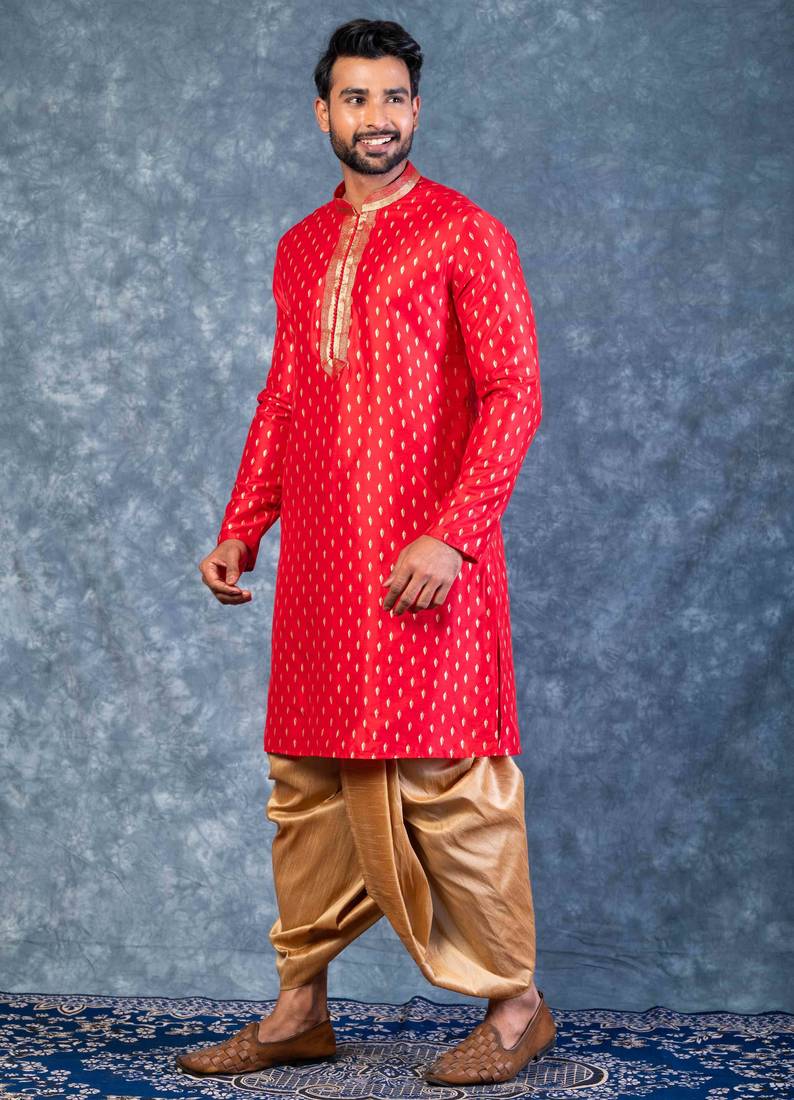 red dupion kurta dhoti  set for men with embroidered work