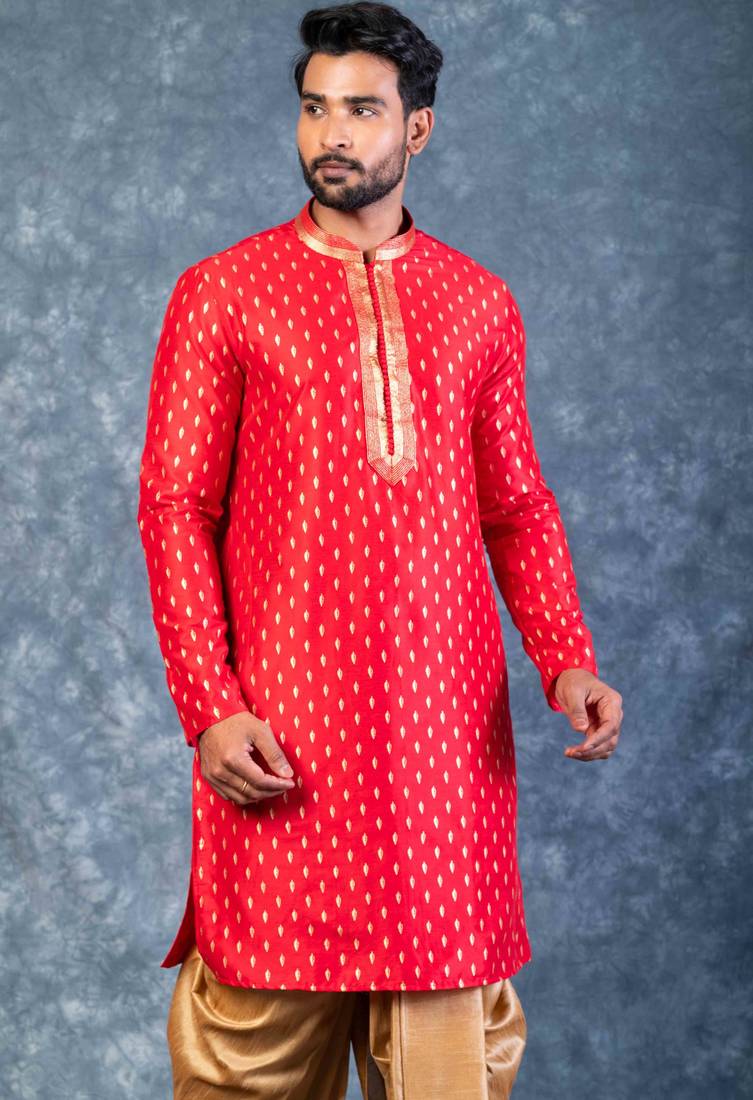 red dupion kurta dhoti  set for men with embroidered work