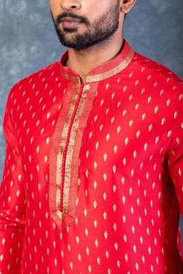 red dupion kurta dhoti  set for men with embroidered work 4