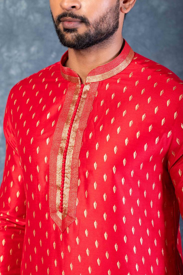 red dupion kurta dhoti  set for men with embroidered work