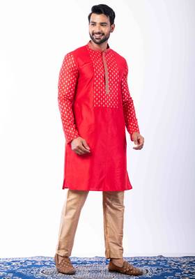 red dupion kurta pyjama set for men with printed design 1