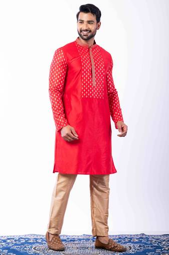 red dupion kurta pyjama set for men with printed design