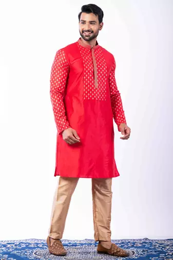 red dupion kurta pyjama set for men with printed design