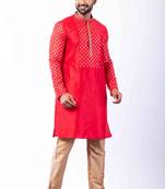 red dupion kurta pyjama set for men with printed design