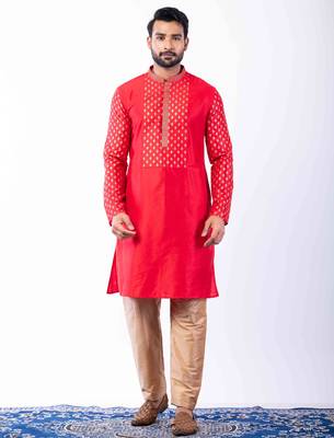 red dupion kurta pyjama set for men with printed design 2