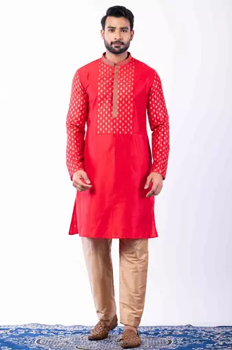 red dupion kurta pyjama set for men with printed design
