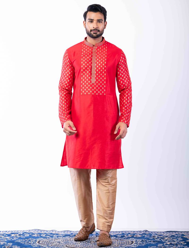 red dupion kurta pyjama set for men with printed design