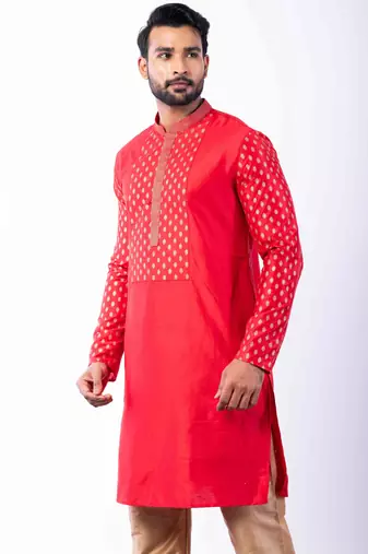 red dupion kurta pyjama set for men with printed design
