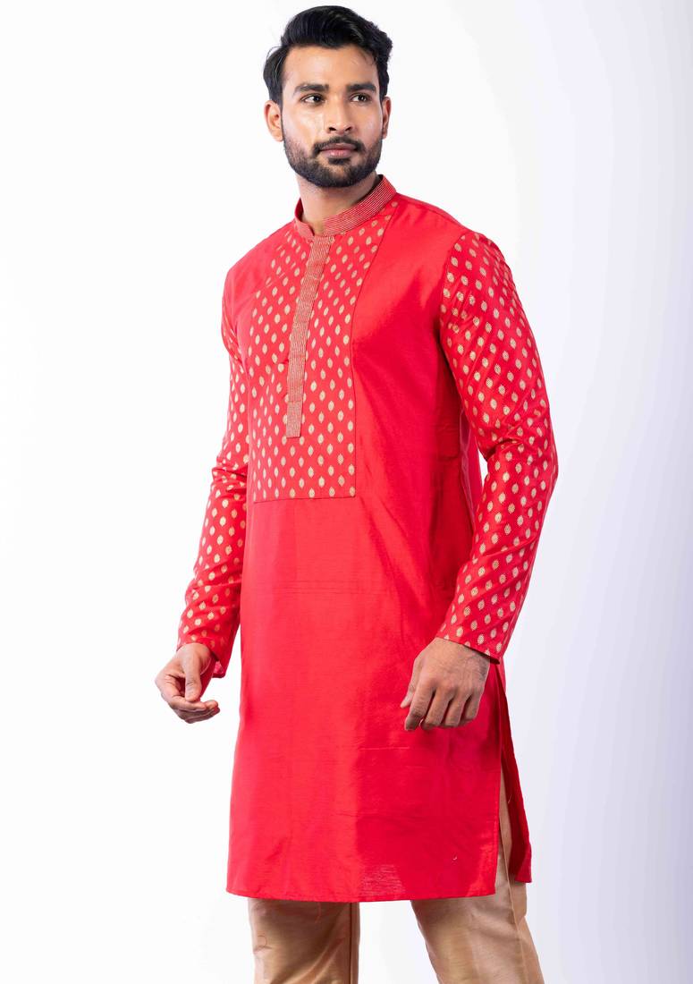 red dupion kurta pyjama set for men with printed design