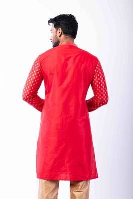 red dupion kurta pyjama set for men with printed design 4