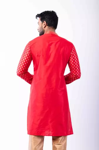 red dupion kurta pyjama set for men with printed design