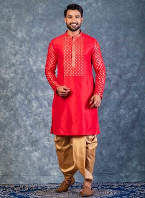 red dupion kurta dhoti  set for men with embroidered work 1