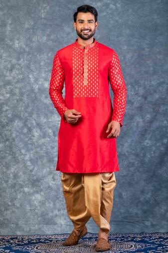 red dupion kurta dhoti  set for men with embroidered work