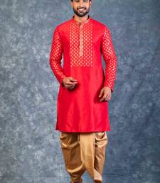 red dupion kurta dhoti  set for men with embroidered work