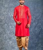 red dupion kurta dhoti  set for men with embroidered work